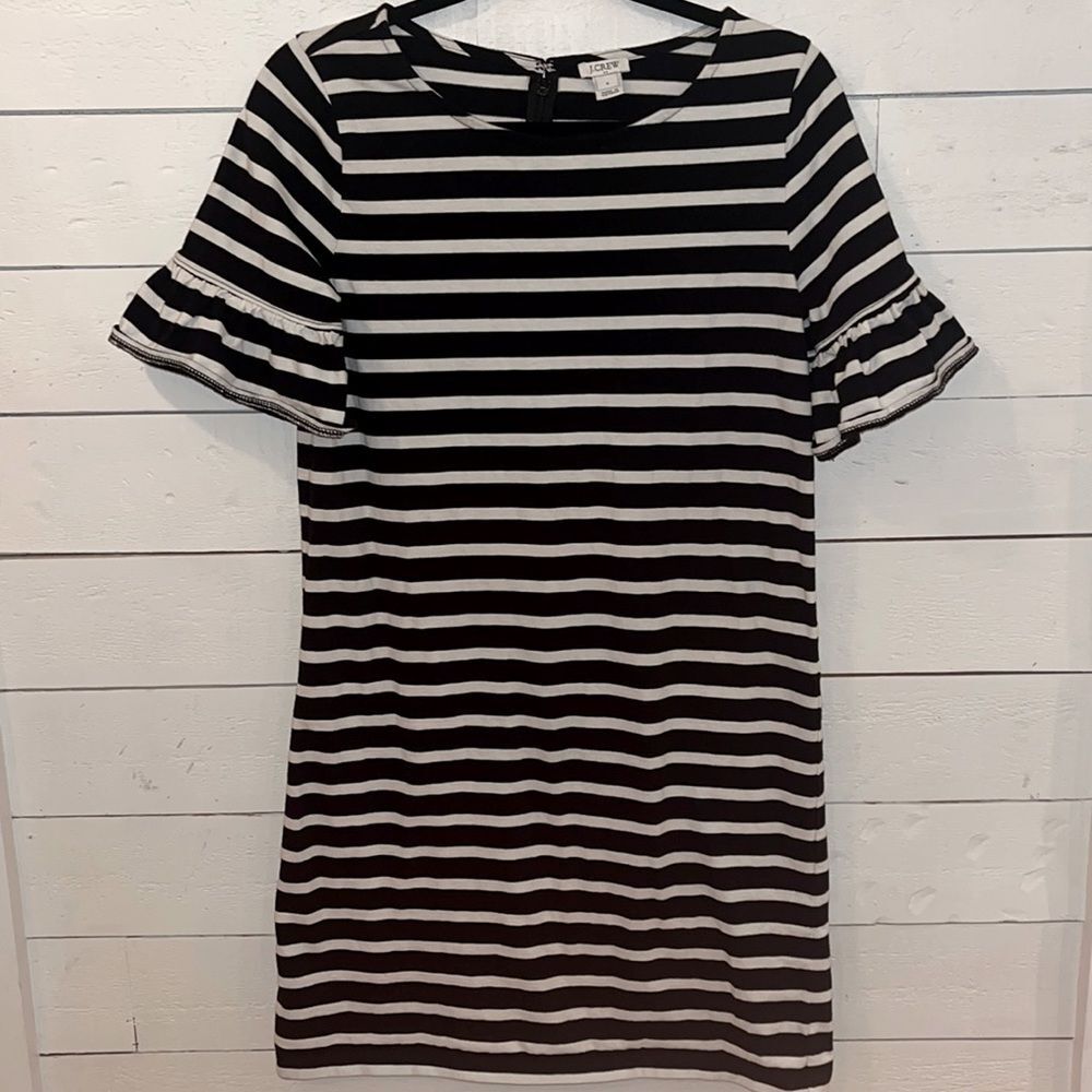 J. Crew Black and White Striped Ruffle Sleeve Dress